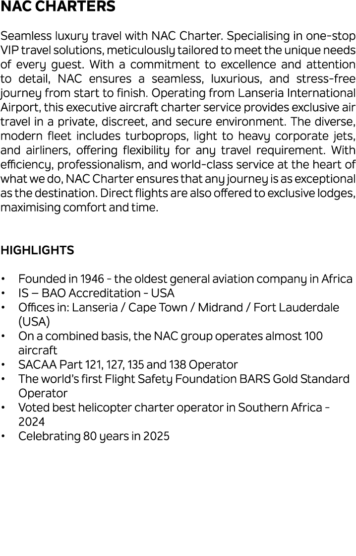 NAC Charters Seamless luxury travel with NAC Charter. Specialising in one stop VIP travel solutions, meticulously tai...