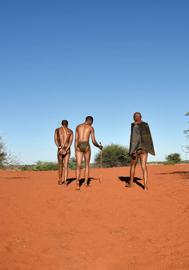 KALAHARI, NAMIBIA - JAN 24, 2016: Bushmen hunters in the bush. The San people, also known as Bushmen are members of various indigenous hunter-gatherer peoples of Southern Africa