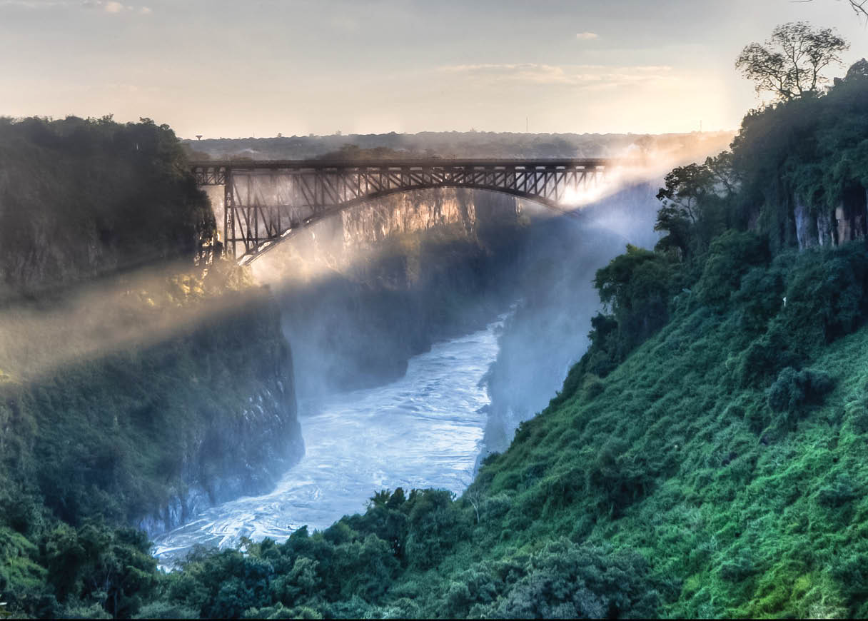 Victoria Falls, located on the Zambezi River on the border between Zambia and Zimbabwe.