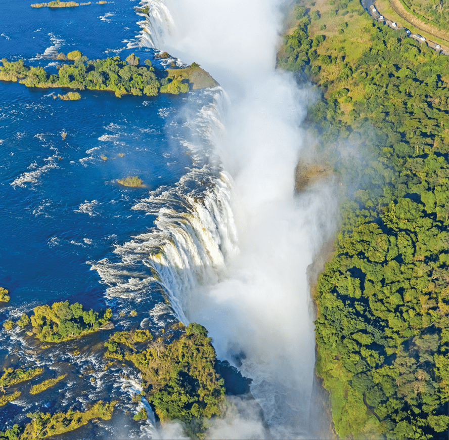 Bird eye view of the Victoria falls waterfall on Zambezi river