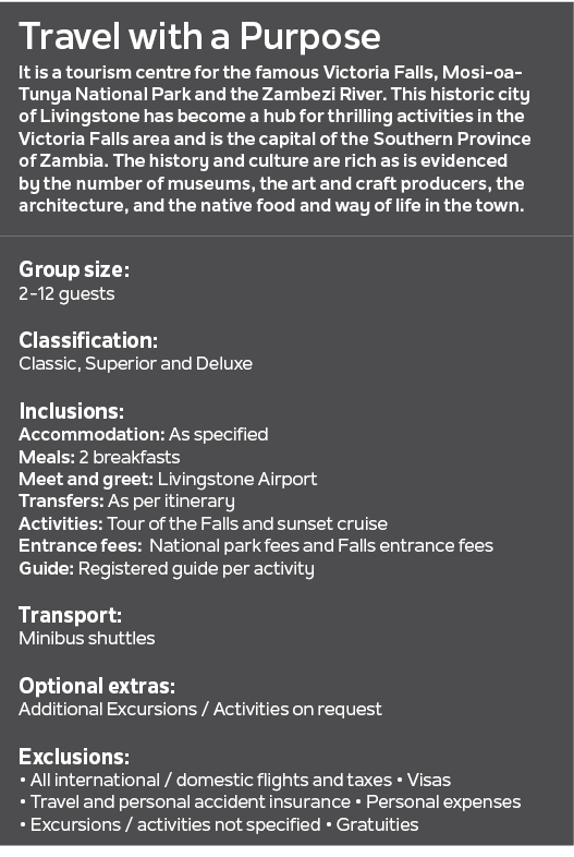 Travel with a Purpose It is a tourism centre for the famous Victoria Falls, Mosi oa Tunya National Park and the Zambe...
