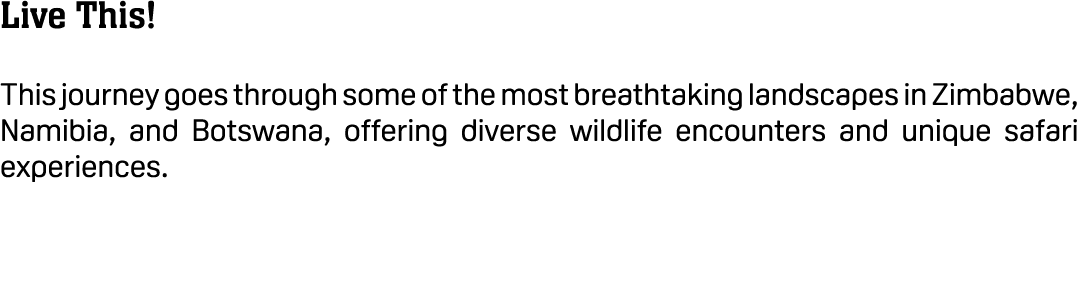 Live This! This journey goes through some of the most breathtaking landscapes in Zimbabwe, Namibia, and Botswana, off...