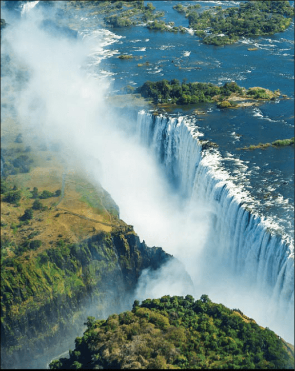 The Victoria falls is the largest curtain of water in the world (1708 m wide). The falls and the surrounding area is the National Parks and World Heritage Site (helicopter view) - Zambia, Zimbabwe