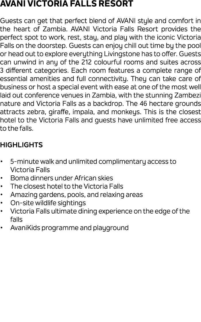 AVANI Victoria Falls Resort Guests can get that perfect blend of AVANI style and comfort in the heart of Zambia. AVAN...