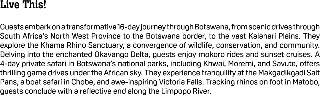 Live This! Guests embark on a transformative 16 day journey through Botswana, from scenic drives through South Africa...