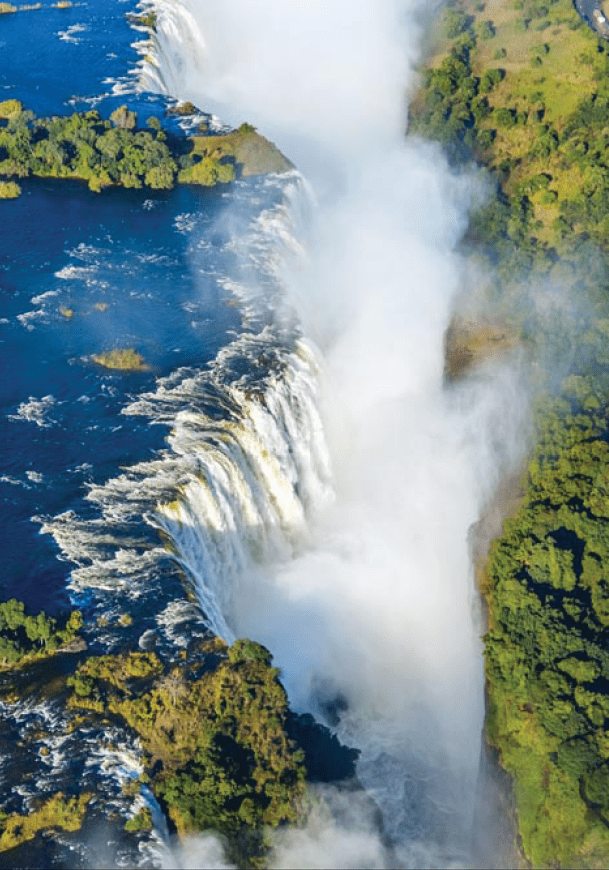 Bird eye view of the Victoria falls waterfall on Zambezi river
