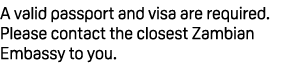 A valid passport and visa are required. Please contact the closest Zambian Embassy to you.