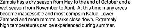 Zambia has a dry season from May to the end of October and a wet season from November to April. At this time many are...