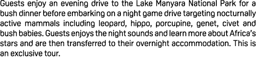 Guests enjoy an evening drive to the Lake Manyara National Park for a bush dinner before embarking on a night game dr...