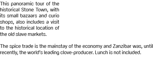 This panoramic tour of the historical Stone Town, with its small bazaars and curio shops, also includes a visit to th...