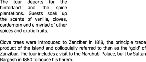 The tour departs for the hinterland and the spice plantations. Guests soak up the scents of vanilla, cloves, cardamom...