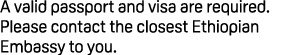 A valid passport and visa are required. Please contact the closest Ethiopian Embassy to you.