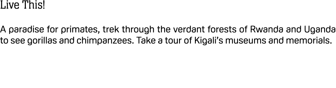 Live This! A paradise for primates, trek through the verdant forests of Rwanda and Uganda to see gorillas and chimpan...