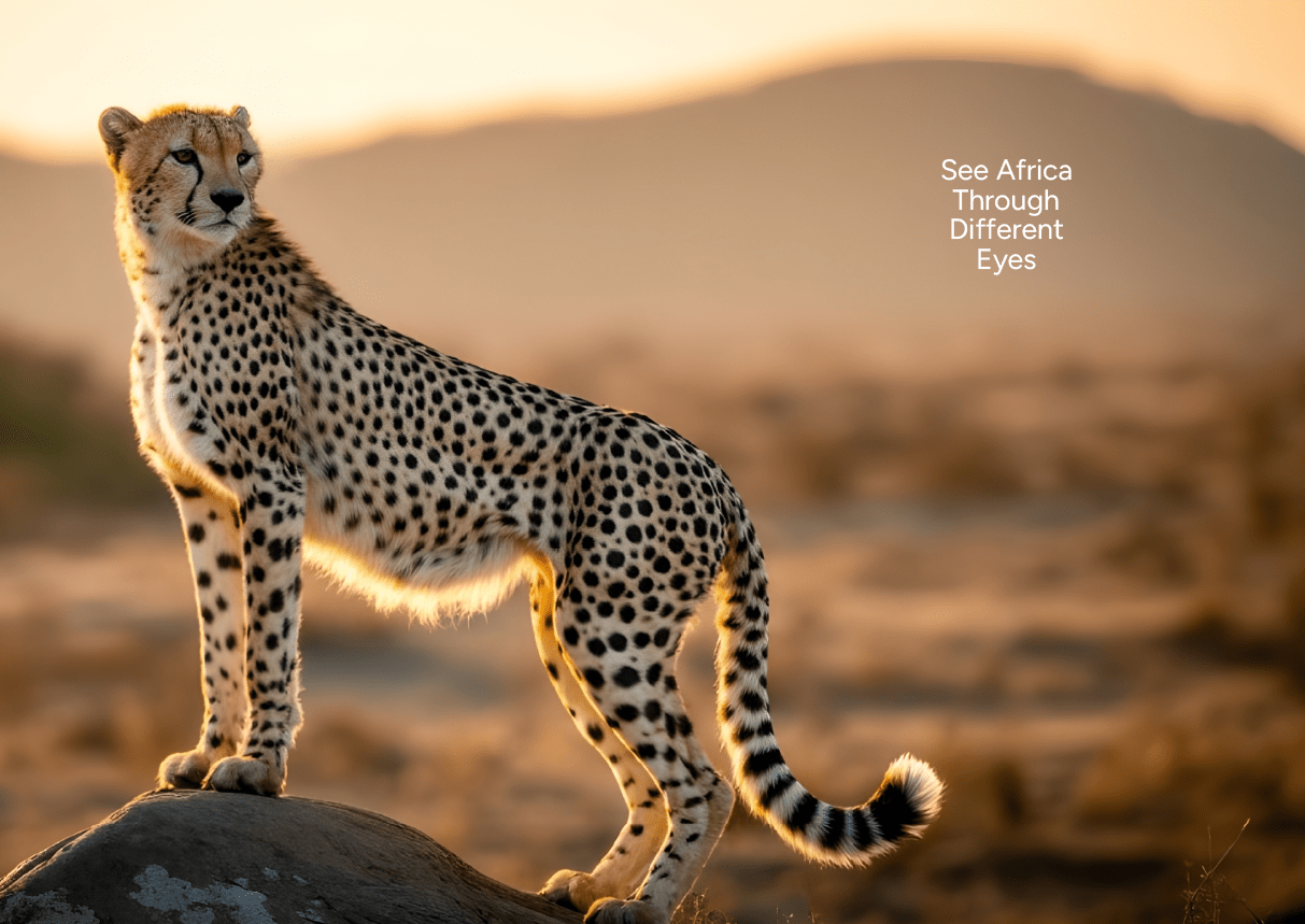 A cheetah standing on a rock. Description generated by AI