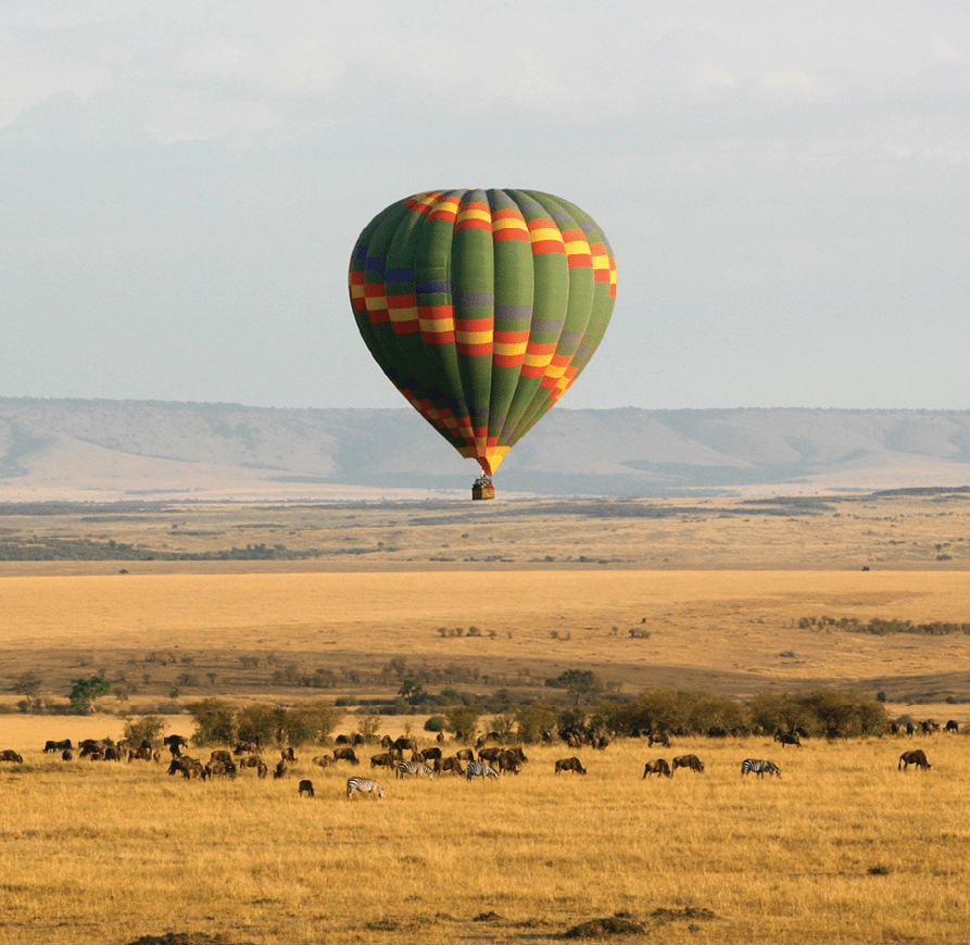 A hot air balloon is flying over a field with many animals. Description generated by AI