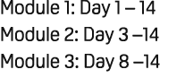 Module 1: Day 1 – 14 Module 2: Day 3 –14 Module 3: Day 8 –14