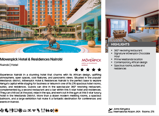 A hotel advertisement for the Movenpick Hotel & Residences in Nairobi. Description generated by AI