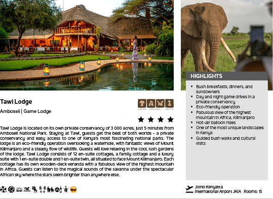 A brochure for a safari lodge with a picture of an elephant on it. Description generated by AI