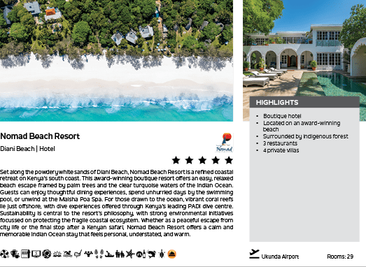 A brochure for Nomad Beach Resort. Description generated by AI