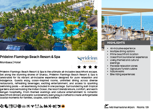 A brochure for a resort with a pool and beach. Description generated by AI