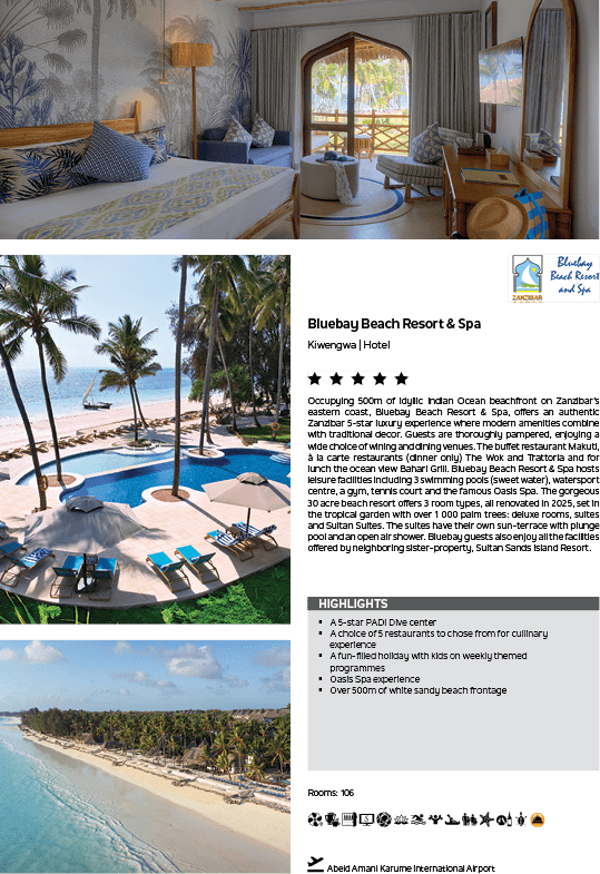 A beach resort advertisement with a picture of a beach and a pool. Description generated by AI
