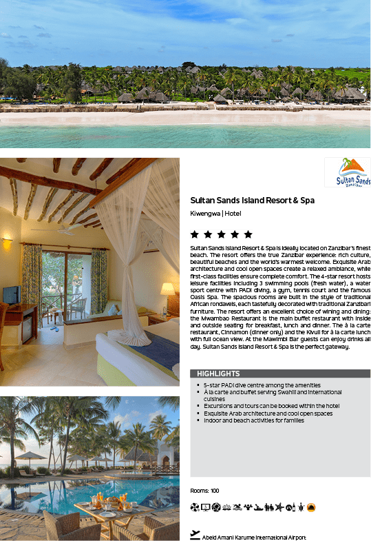 A brochure for a resort with a picture of a beach and palm trees. Description generated by AI