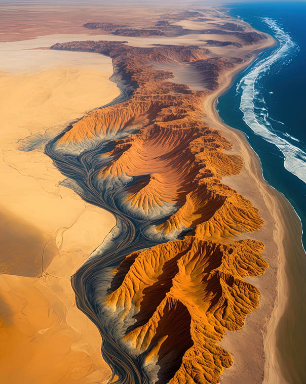 Aerial view of the Skeleton Coast, South Africa, Namibia, and the location where the Namib Desert and the Atlantic Ocean meet. Generative AI
