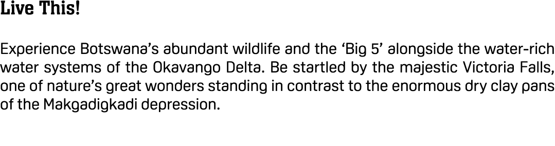 Live This! Experience Botswana’s abundant wildlife and the ‘Big 5’ alongside the water rich water systems of the Okav...