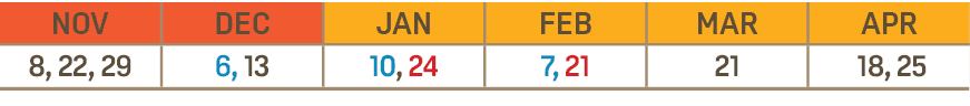 NOV,DEC,JAN,FEB,MAR,APR,8, 22, 29,6, 13,10, 24,7, 21,21, 18, 25