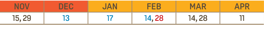 NOV,DEC,JAN,FEB,MAR,APR,15, 29,13,17,14, 28,14, 28,11
