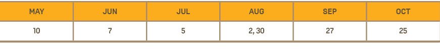 MAY,JUN,JUL,AUG,SEP,OCT,10,7,5,2, 30,27,25