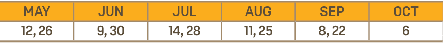 MAY,JUN,JUL,AUG,SEP,OCT,12, 26,9, 30,14, 28,11, 25,8, 22,6