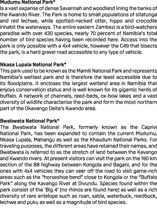 Mudumu National Park* Is a vast expanse of dense Savannah and woodland lining the banks of the Kwando River. The Park...