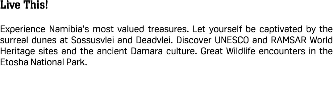 Live This! Experience Namibia’s most valued treasures. Let yourself be captivated by the surreal dunes at Sossusvlei ...