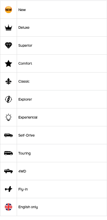 ￼,New,￼,Deluxe,￼,Superior,￼,Comfort,￼,Classic,￼,Explorer,￼,Experiential,￼,Self Drive,￼,Touring,￼,4WD,￼,Fly in,￼,Engli...