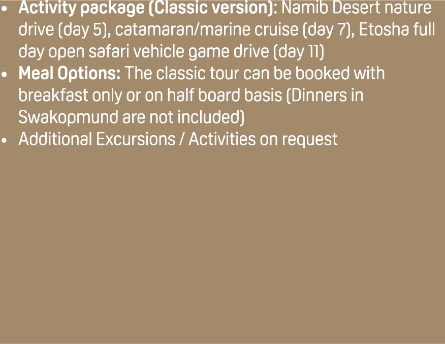 Activity package (Classic version): Namib Desert nature drive (day 5), catamaran/marine cruise (day 7), Etosha full d...
