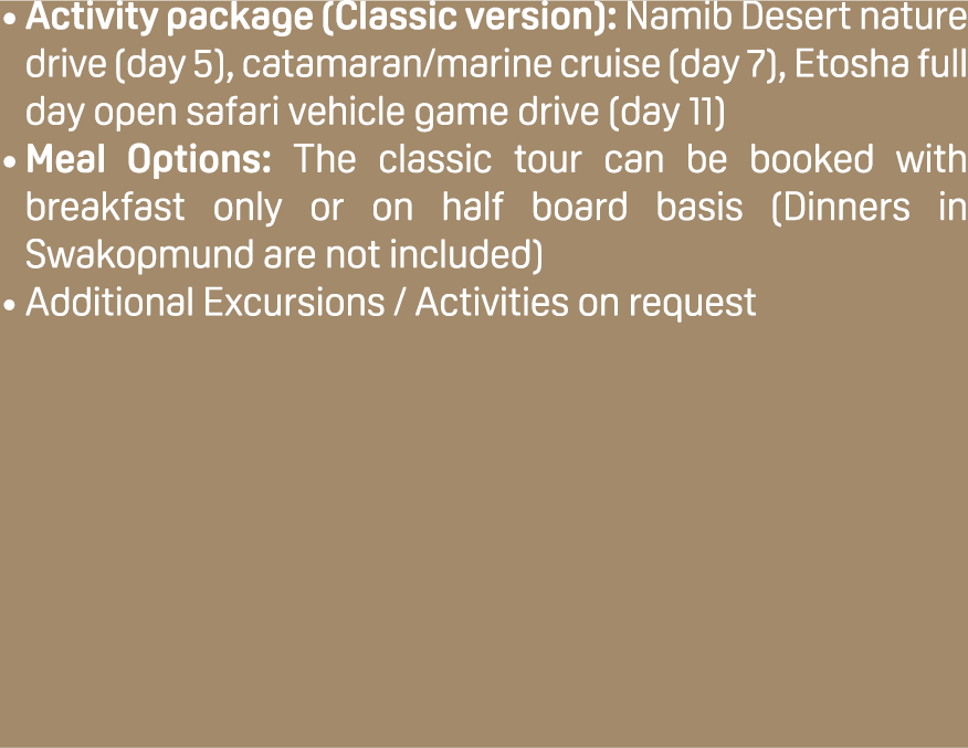 Activity package (Classic version): Namib Desert nature drive (day 5), catamaran/marine cruise (day 7), Etosha full d...