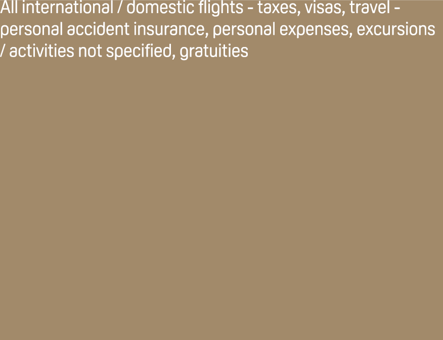 All international / domestic flights taxes, visas, travel personal accident insurance, personal expenses, excursions ...