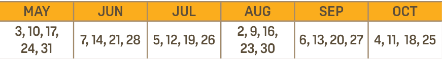 MAY,JUN,JUL,AUG,SEP,OCT,3, 10, 17, 24, 31,7, 14, 21, 28,5, 12, 19, 26,2, 9, 16, 23, 30,6, 13, 20, 27,4, 11, 18, 25