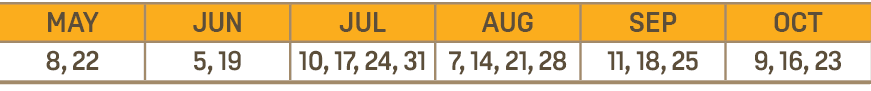 MAY,JUN,JUL,AUG,SEP,OCT,8, 22,5, 19,10, 17, 24, 31,7, 14, 21, 28,11, 18, 25,9, 16, 23