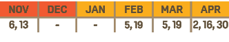 NOV,DEC,JAN,FEB,MAR,APR,6, 13, , ,5, 19,5, 19,2, 16, 30