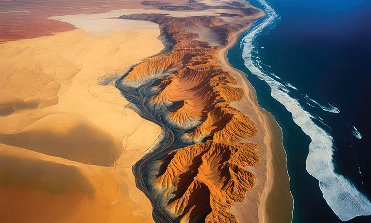Aerial view of the Skeleton Coast, South Africa, Namibia, and the location where the Namib Desert and the Atlantic Ocean meet. Generative AI