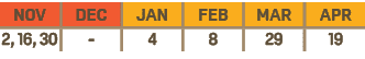 NOV,DEC,JAN,FEB,MAR,APR,2, 16, 30, ,4,8,29,19