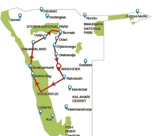A map of a safari route with various destinations marked. AI generated content