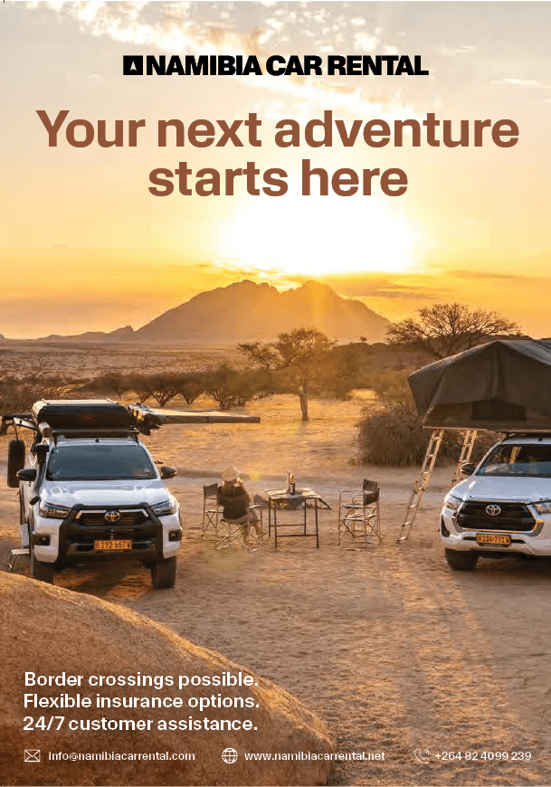 A car rental advertisement shows two cars and a tent in the desert. AI generated content