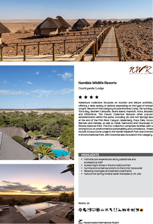 A brochure for Namibia Wildlife Resorts features a photo of a sunset and a wooden deck. AI generated content