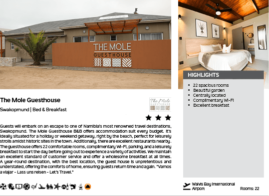 A website page for a hotel called the Mole Guesthouse. The page includes a photo of the hotel, a map, and a list of amenities. AI generated content