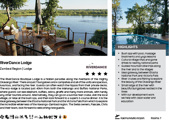 A brochure for the Riverdance Lodge is shown, featuring a picture of a pool and a lake. The brochure also includes information about the lodge's amenities, such as a spa, and the surrounding area, including a nearby river. AI generated content