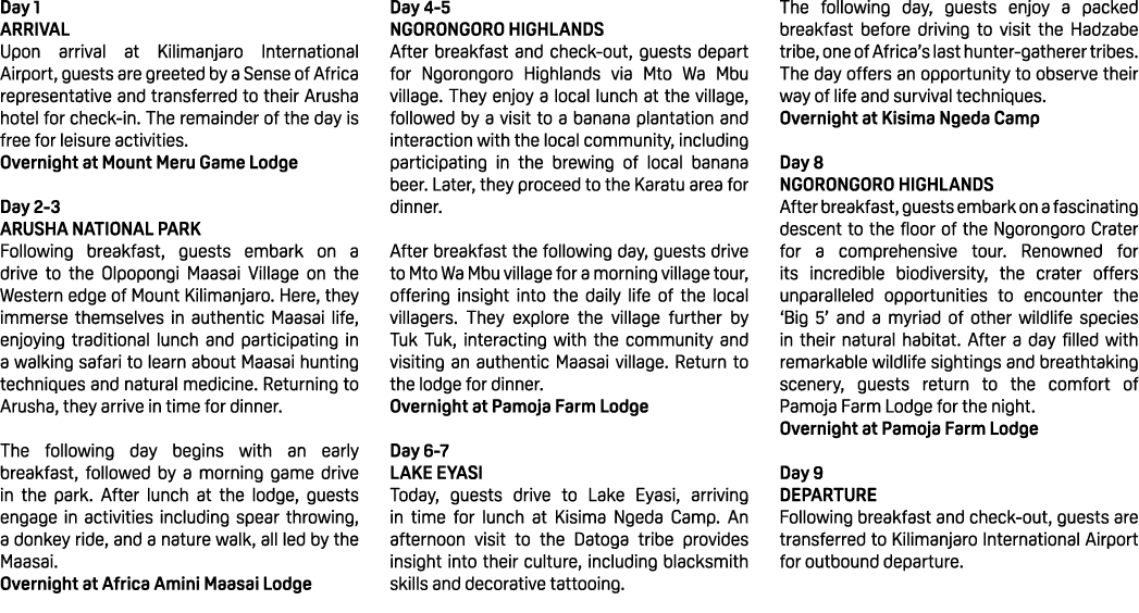 Day 1 ARRIVAL Upon arrival at Kilimanjaro International Airport, guests are greeted by a Sense of Africa representati...