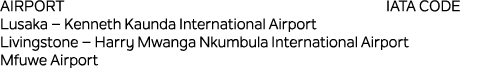 Airport IATA CODE Lusaka – Kenneth Kaunda International Airport Livingstone – Harry Mwanga Nkumbula International Air...